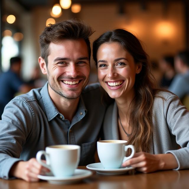 Coppia di clienti sorridenti che gustano un caffè.
