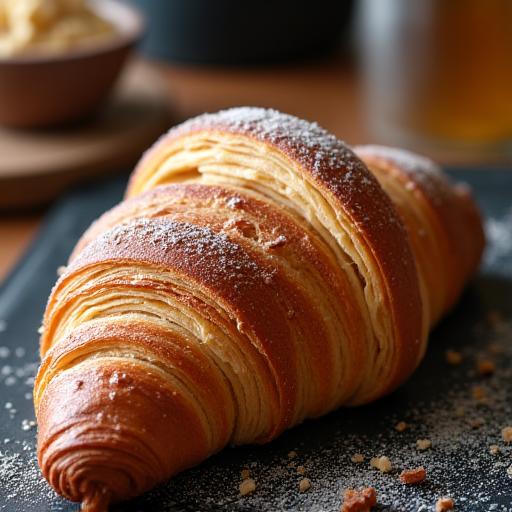 Cornetto artigianale appena sfornato su un vassoio.