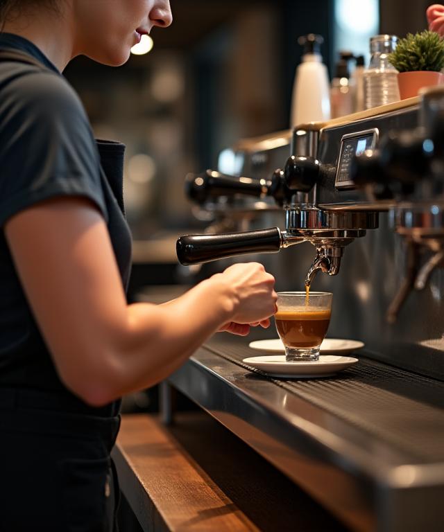 Un barista di Caffè Aurelia prepara con cura un espresso.